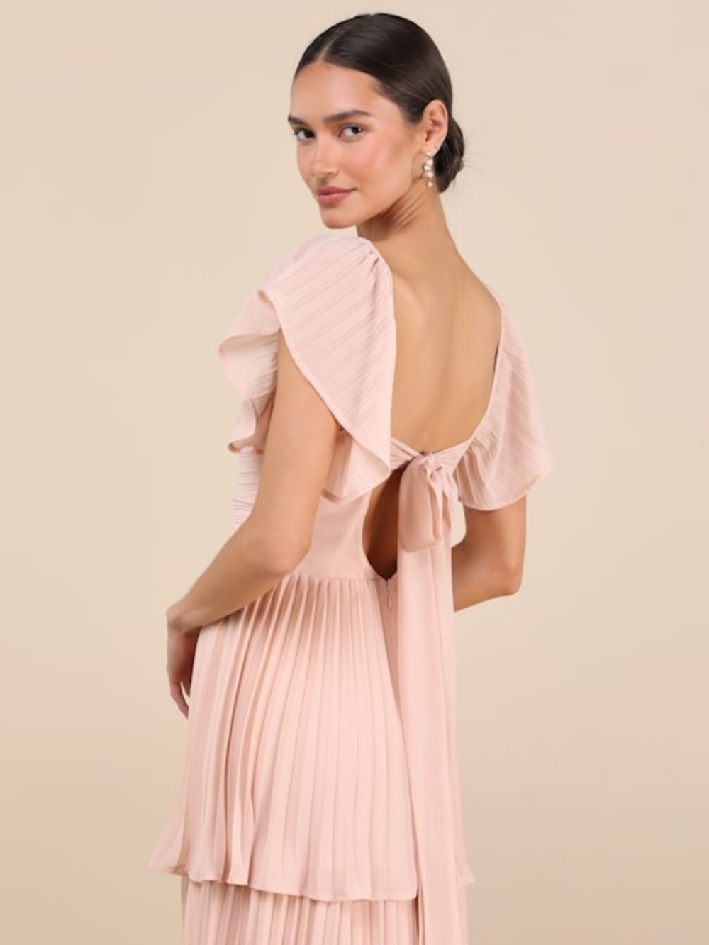 Lulus Notorious Charm Blush Pleated Flutter Sleeve Maxi Dress Pink - Size S